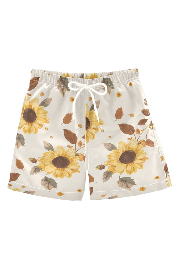 Boys Swim Trunks Sunflower with Fall Leaves Beach Board Shorts Drawstring Swimsuit 4T