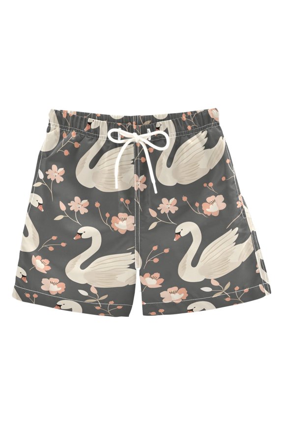 Boys Swim Trunks Swan and Floral Beach Board Shorts Drawstring Swimsuit 2T