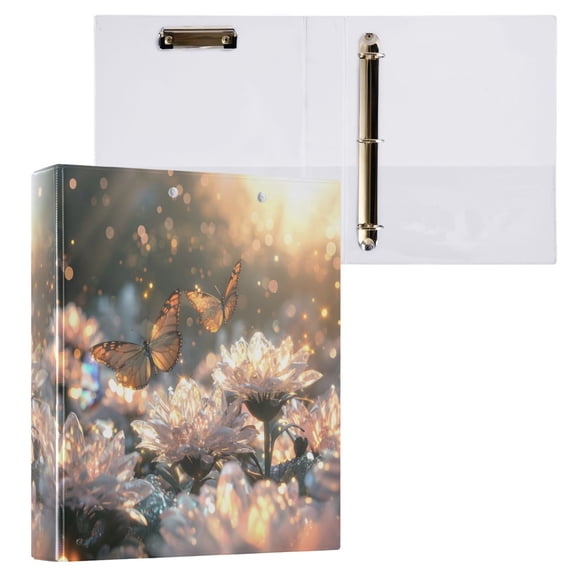 joogoo Butterflies Fly on Crystal Flowers Hardcover 3 Ring Binder 1.5" Round Rings Interior Pockets Binders Organizer 1 Pack