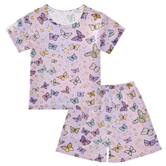 joogoo Butterflies Pink Pattern Pajama Sets Short Sleeve Cotton 2-Piece Sleepwear 10Y