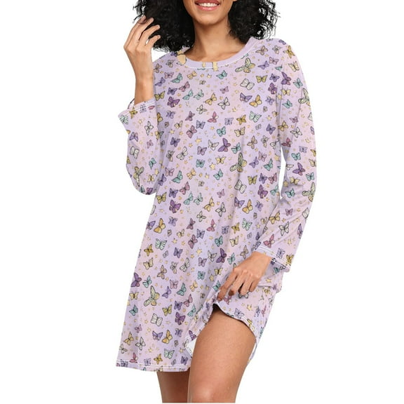 joogoo Butterflies Pink Print Women's Long Sleeve Nightgown Sleepwear S