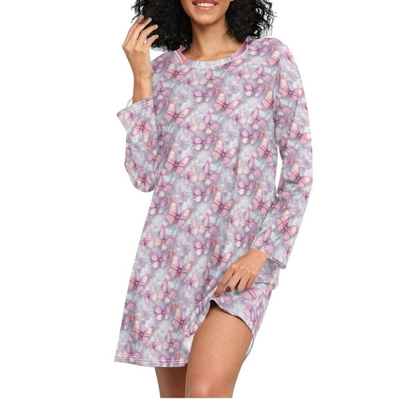 joogoo Butterflies Pink Women's Long Sleeve Nightgown Sleepwear S