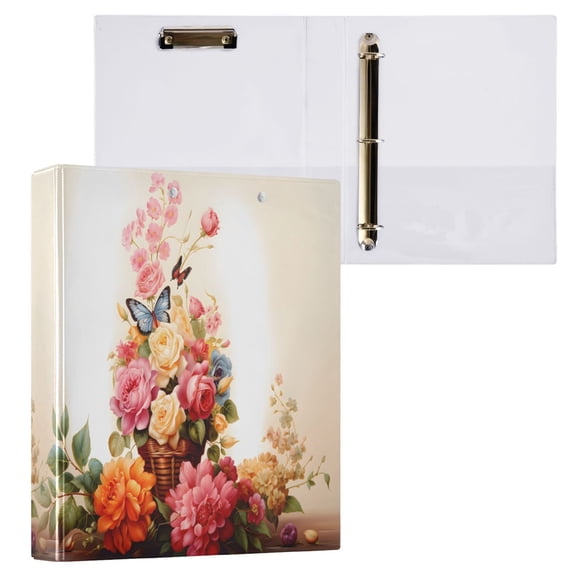 joogoo Butterflies on Beautiful Flowers Hardcover 3 Ring Binder 1.5" Round Rings Interior Pockets Binders Organizer 1 Pack