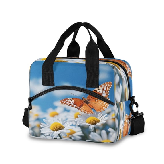 joogoo Butterfly Daisy Flower Insulated Lunch Bags Reusable Cooler Box with Shoulder Strap