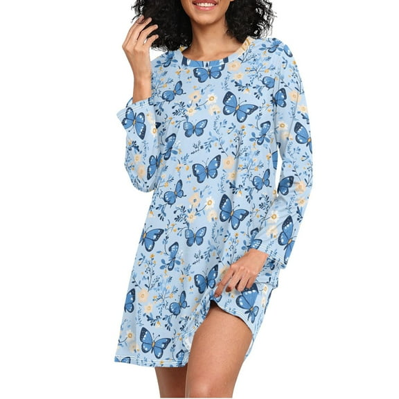 joogoo Butterfly Flowers Women's Long Sleeve Nightgown Sleepwear S