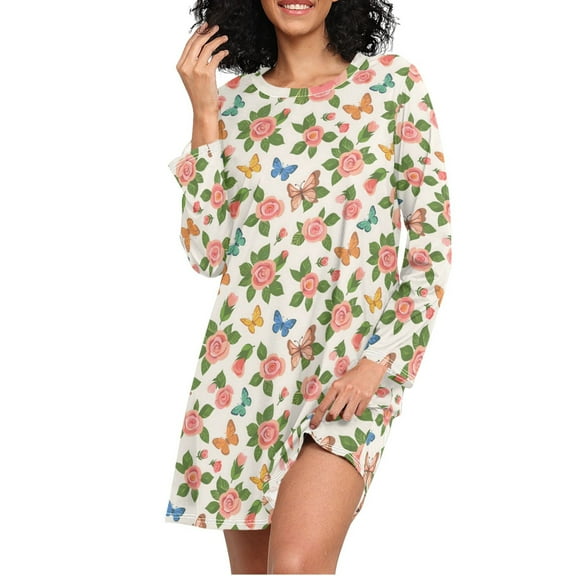 joogoo Butterfly Flying in Roses Flowers Women's Long Sleeve Nightgown Sleepwear S