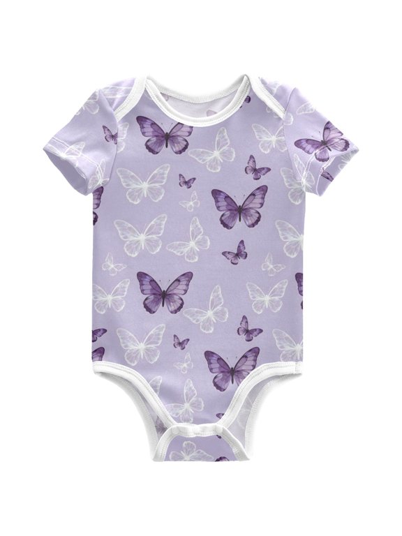 Butterfly Purple Pattern Baby Bodysuits Short Sleeve Cotton Onesies Clothes 24Months