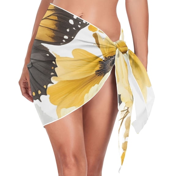 joogoo Butterfly on Yellow Flower Women's Beach Sarong Bathing Suit Wrap Swimwear Cover Ups M