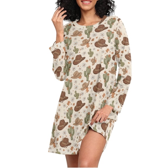 joogoo Cactus Cowboy Hat Women's Long Sleeve Nightgown Sleepwear XL
