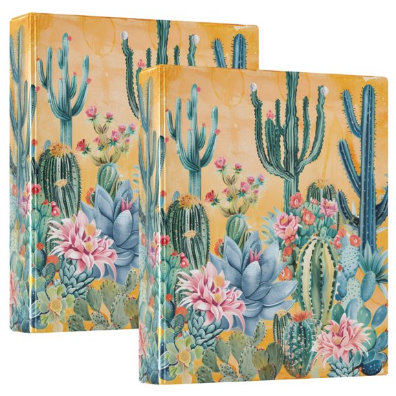 joogoo Cactus Flowers on Orange Background Hardcover 3 Ring Binder 1.5" Round Rings Interior Pockets Binders Organizer 2 Pack