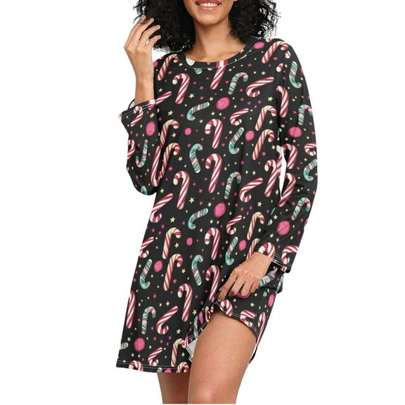 joogoo Candy Cane Christmas Women's Long Sleeve Nightgown Sleepwear M