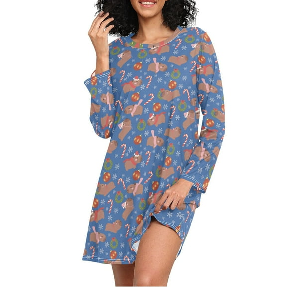 joogoo Capybara Christmas Ball Pattern Women's Long Sleeve Nightgown Sleepwear XL