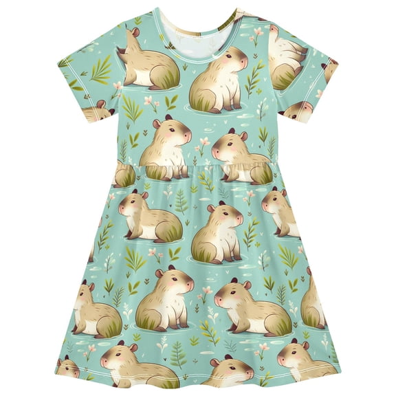 joogoo Capybara Cute Girls' Short Sleeve Dress Kids Dresses 5-6T
