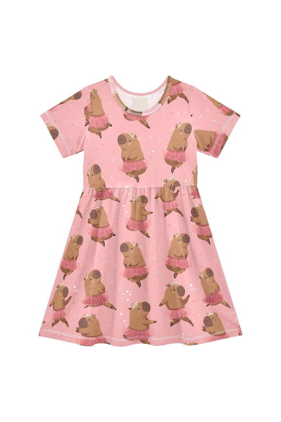 Capybara Dancing Girls' Short Sleeve Dress Kids Dresses 5-6T