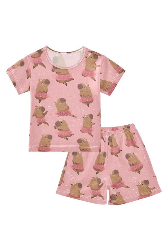 Capybara Dancing Pattern Pajama Sets Short Sleeve Cotton 2-Piece Sleepwear 10Y