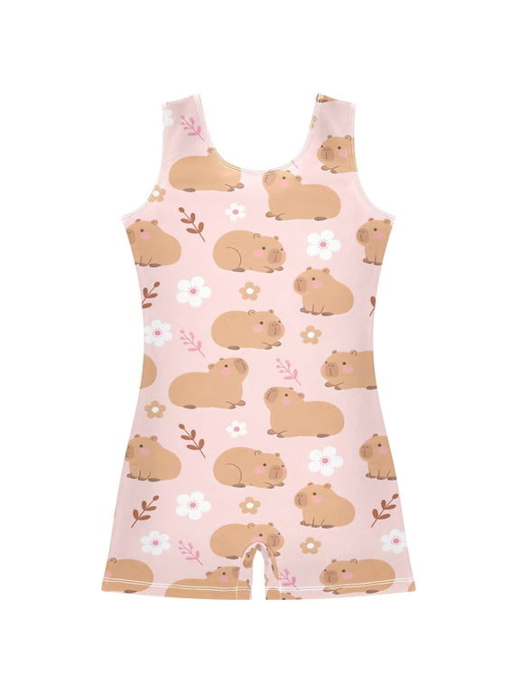 Capybara Floral Pattern Girls Leotards Gymnastics Tumbling Outfit Biketard Unitard 9-10Years
