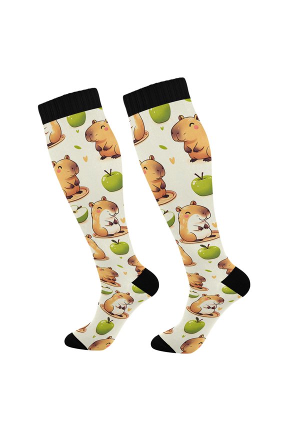 Capybara Green Apples Socks Women Men Knee High Sock