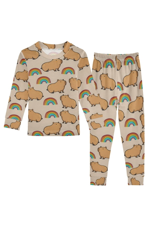 Capybara Rainbows 2 Piece Long Sleeve Tee and Pants Cotton Pajama Set 5Y