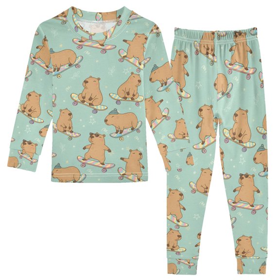 joogoo Capybara Skating Pajamas Set Long Sleeve Soft Cotton Sleepwear 2 Piece 24M
