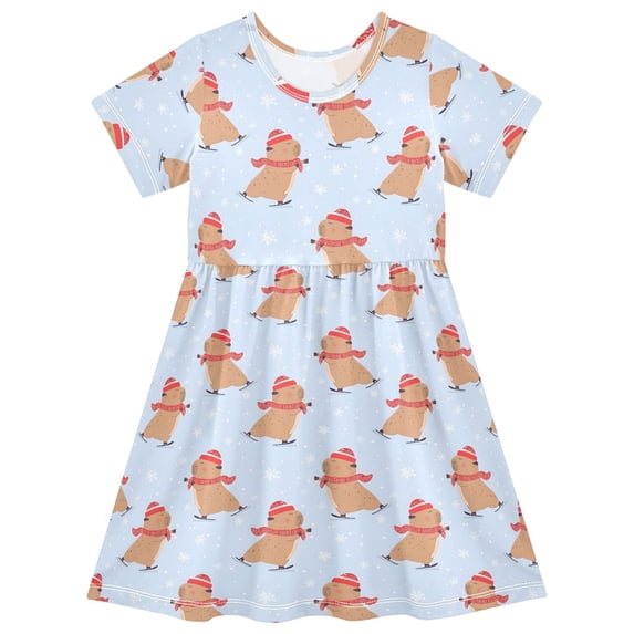 joogoo Capybara Skiing Girls' Short Sleeve Dress Kids Dresses 5-6T