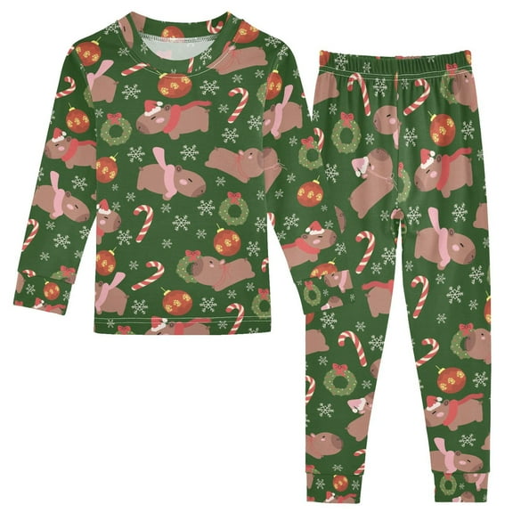 joogoo Capybara Wreath Snowflake Pattern 2 Piece Long Sleeve Tee and Pants Cotton Pajama Set 8Y