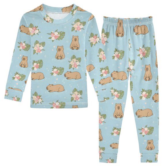 joogoo Capybara and Flowers 2 Piece Long Sleeve Tee and Pants Cotton Pajama Set 8Y