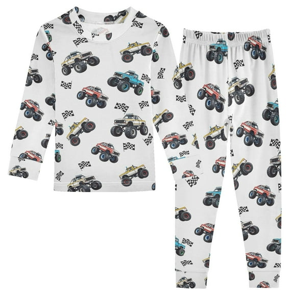 joogoo Car Trucks Cartoon Checkered Flag 2 Piece Long Sleeve Tee and Pants Cotton Pajama Set 5Y