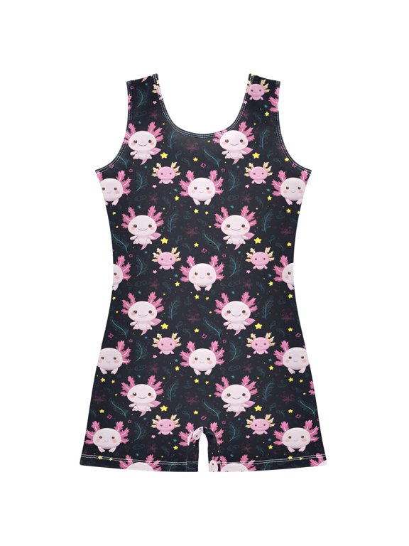 Cartoon Axolotl Stars Pattern Girls Leotards Gymnastics Tumbling Outfit Biketard Unitard 3-4Years