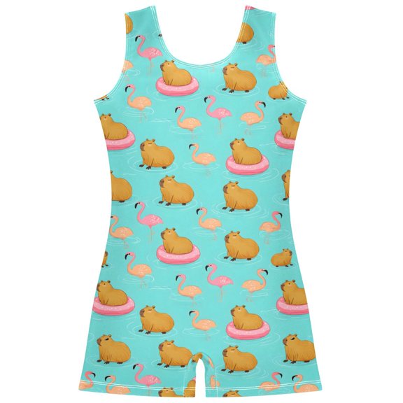 joogoo Cartoon Capybara Flamingo Pattern Girls Leotards Gymnastics Tumbling Outfit Biketard Unitard 3-4Years