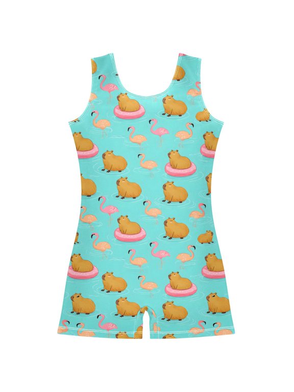 Cartoon Capybara Flamingo Pattern Girls Leotards Gymnastics Tumbling Outfit Biketard Unitard 9-10Years