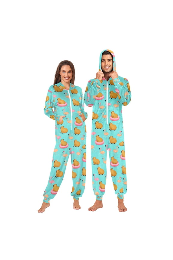 Cartoon Capybara Flamingo Unisex Adults Onesies Pajamas Jumpsuits L