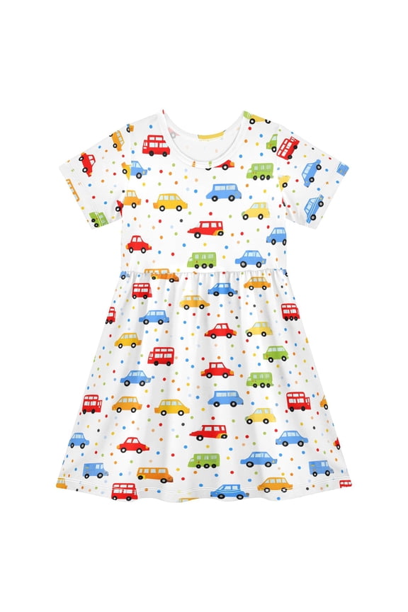 Cartoon Cars Vehicle Girls' Short Sleeve Dress Kids Dresses 3T