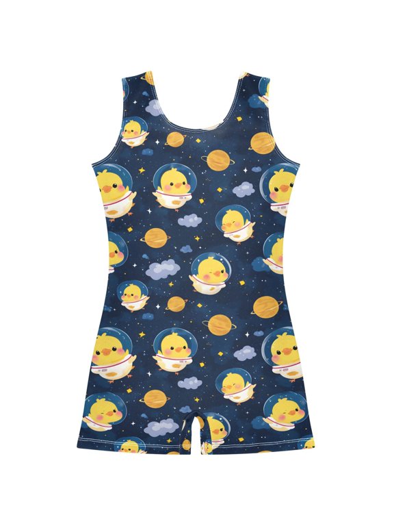 Cartoon Cat Astronaut Chicken Pattern Girls Leotards Gymnastics Tumbling Outfit Biketard Unitard 9-10Years