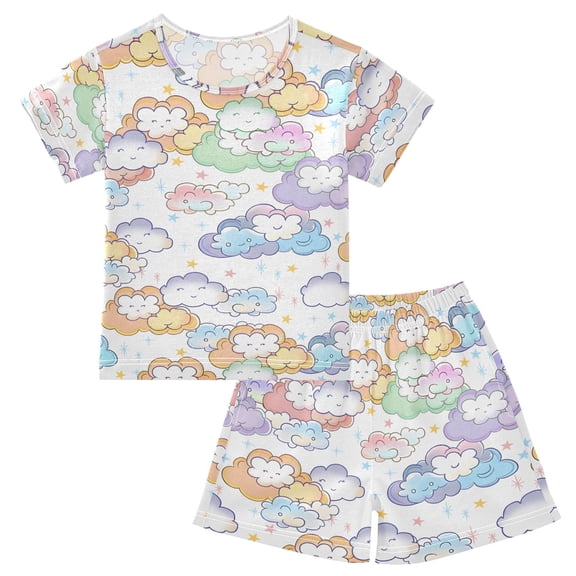 joogoo Cartoon Clouds Cute Pattern Pajama Sets Short Sleeve Cotton 2-Piece Sleepwear 10Y