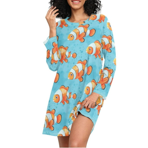 joogoo Cartoon Clownfish in Sea Women's Long Sleeve Nightgown Sleepwear XXL