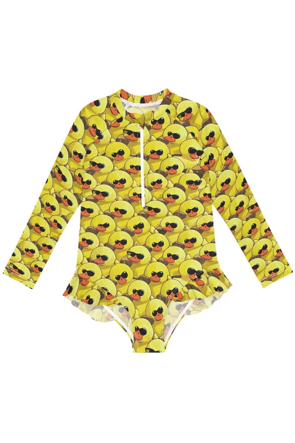 Cartoon Cute Ducks Pattern Girls One-Piece Swimsuits UPF 50+ Long Sleeve Rash Guard Bathing Suit 7-8 Years