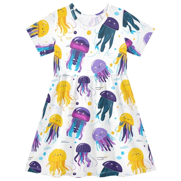 joogoo Cartoon Cute Jellyfish Girls' Short Sleeve Dress Kids Dresses 5-6T