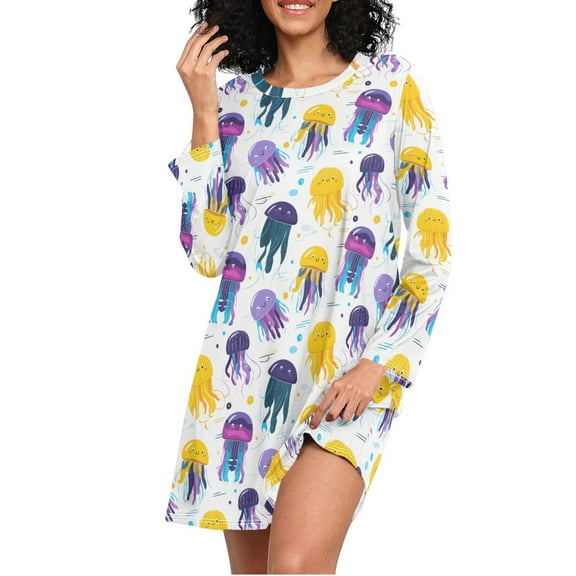 joogoo Cartoon Cute Jellyfish Women's Long Sleeve Nightgown Sleepwear S