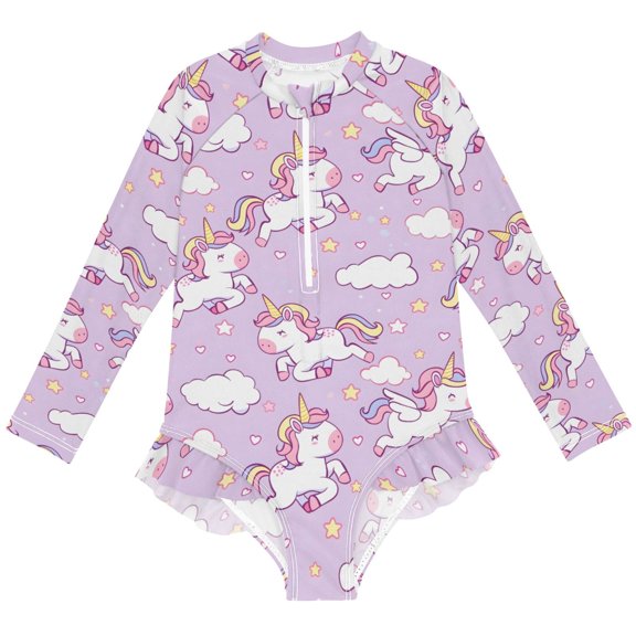 joogoo Cartoon Cute Unicorn Pattern Girls One-Piece Swimsuits UPF 50+ Long Sleeve Rash Guard Bathing Suit 9-10 Years