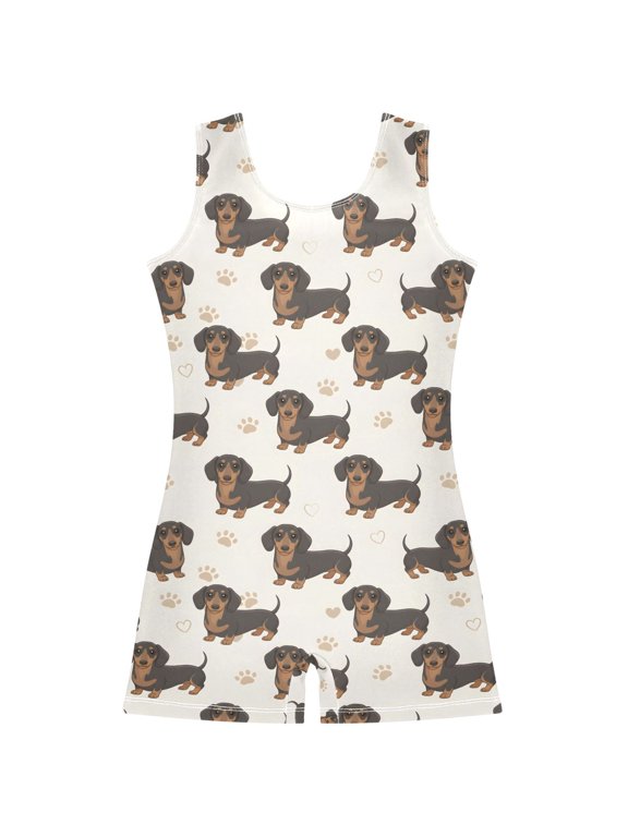 Cartoon Dachshund Dogs Pattern Girls Leotards Gymnastics Tumbling Outfit Biketard Unitard 3-4Years