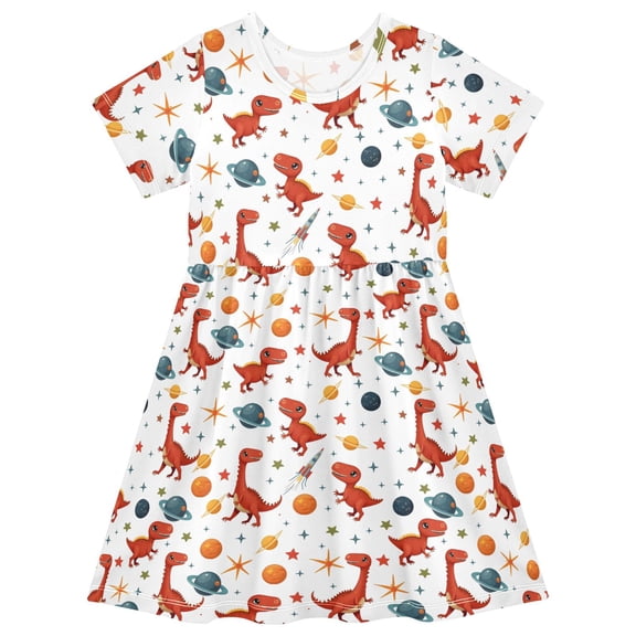joogoo Cartoon Dinosaur Planet Girls' Short Sleeve Dress Kids Dresses 5-6T