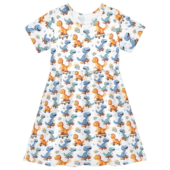 joogoo Cartoon Dinosaur Play Skateboard Girls' Short Sleeve Dress Kids Dresses 3T