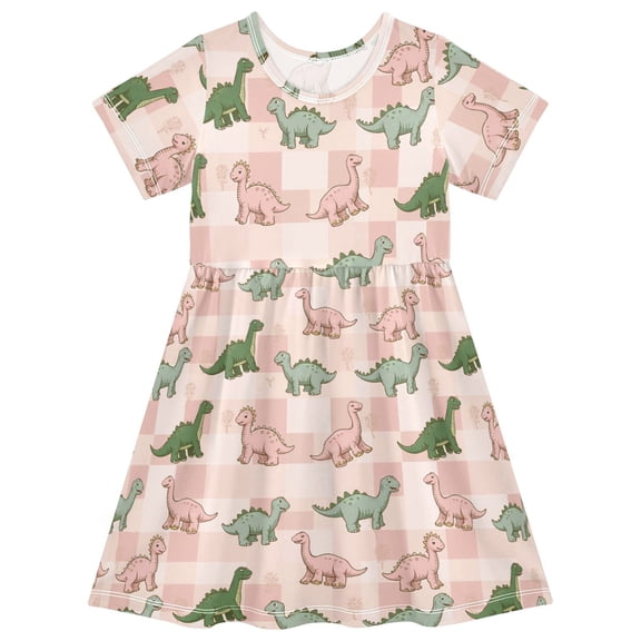 joogoo Cartoon Dinosaurs Girls' Short Sleeve Dress Kids Dresses 5-6T