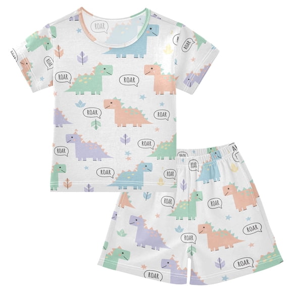 joogoo Cartoon Dinosaurs Pattern Pajama Sets Short Sleeve Cotton 2-Piece Sleepwear 10Y