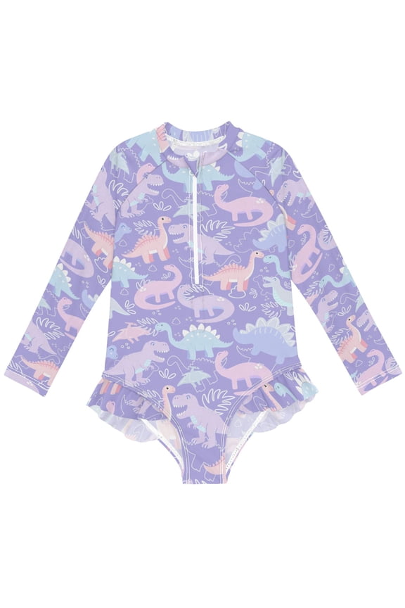 Cartoon Dinosaurs Purple Pattern Girls One-Piece Swimsuits UPF 50+ Long Sleeve Rash Guard Bathing Suit 3 Years