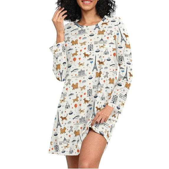 joogoo Cartoon Dog Vintage Women's Long Sleeve Nightgown Sleepwear XL