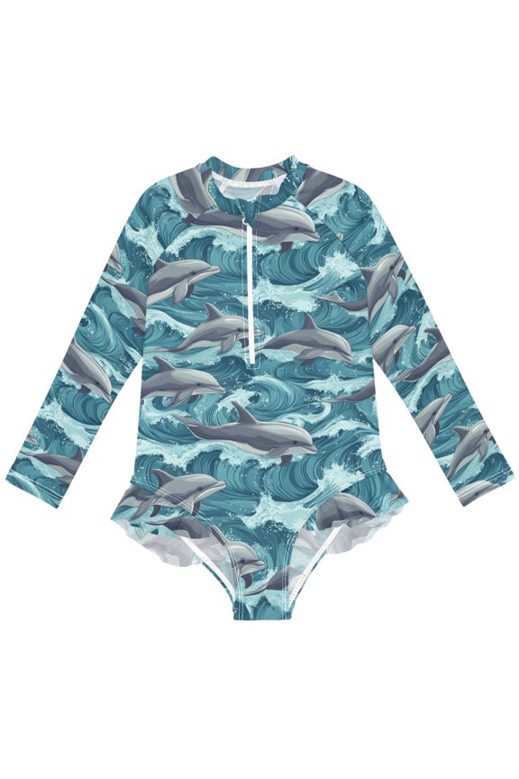 Cartoon Dolphins-z1 Pattern Girls One-Piece Swimsuits UPF 50+ Long Sleeve Rash Guard Bathing Suit 9-10 Years