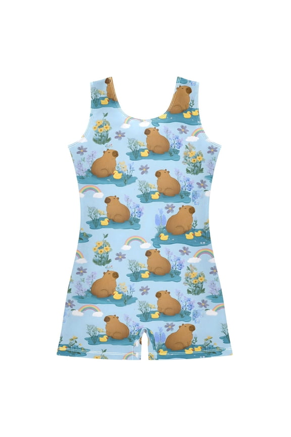 Cartoon Duck Capybaras Pattern Girls Leotards Gymnastics Tumbling Outfit Biketard Unitard 2-3Years