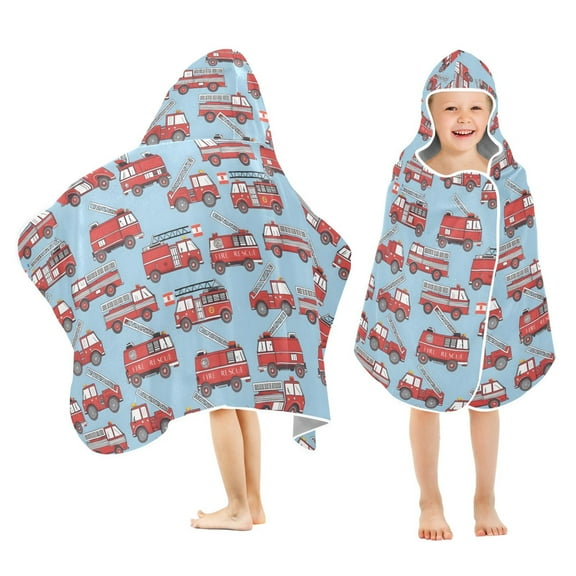 joogoo Cartoon Fire Truck Blue Kids Hooded Beach Towel Baby Bath Towel 23.5"x50"