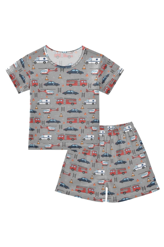 Cartoon Fire Truck Car Pajama Sets Short Sleeve Cotton 2-Piece Sleepwear 10Y